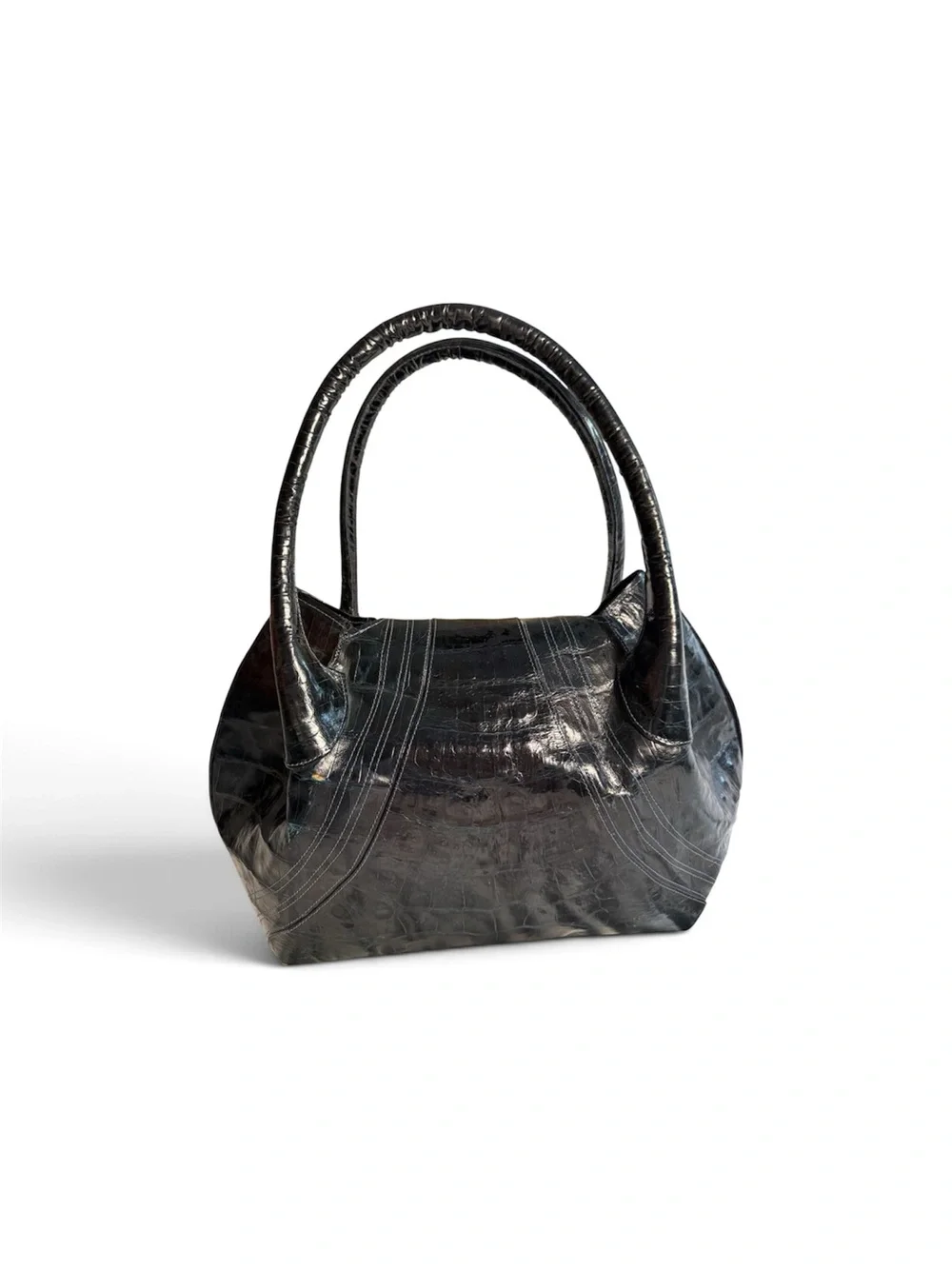 Velia Ubago Midnight Blue Crocodile Leather Bamboo Buckle Handbag